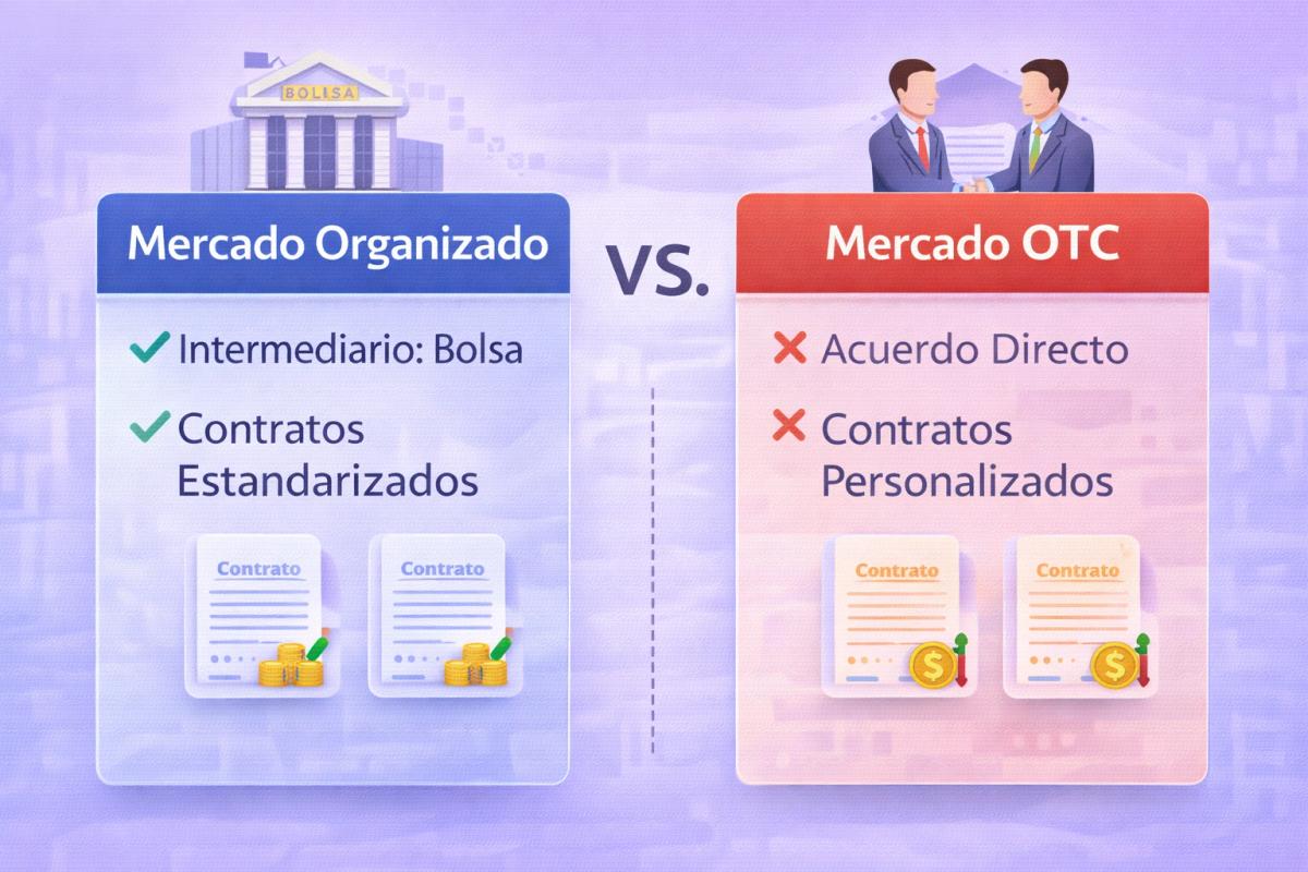Ilustración comparativa entre mercado organizado (bolsa como intermediario, contratos estandarizados) y mercado OTC (acuerdo directo entre partes, contratos personalizados)