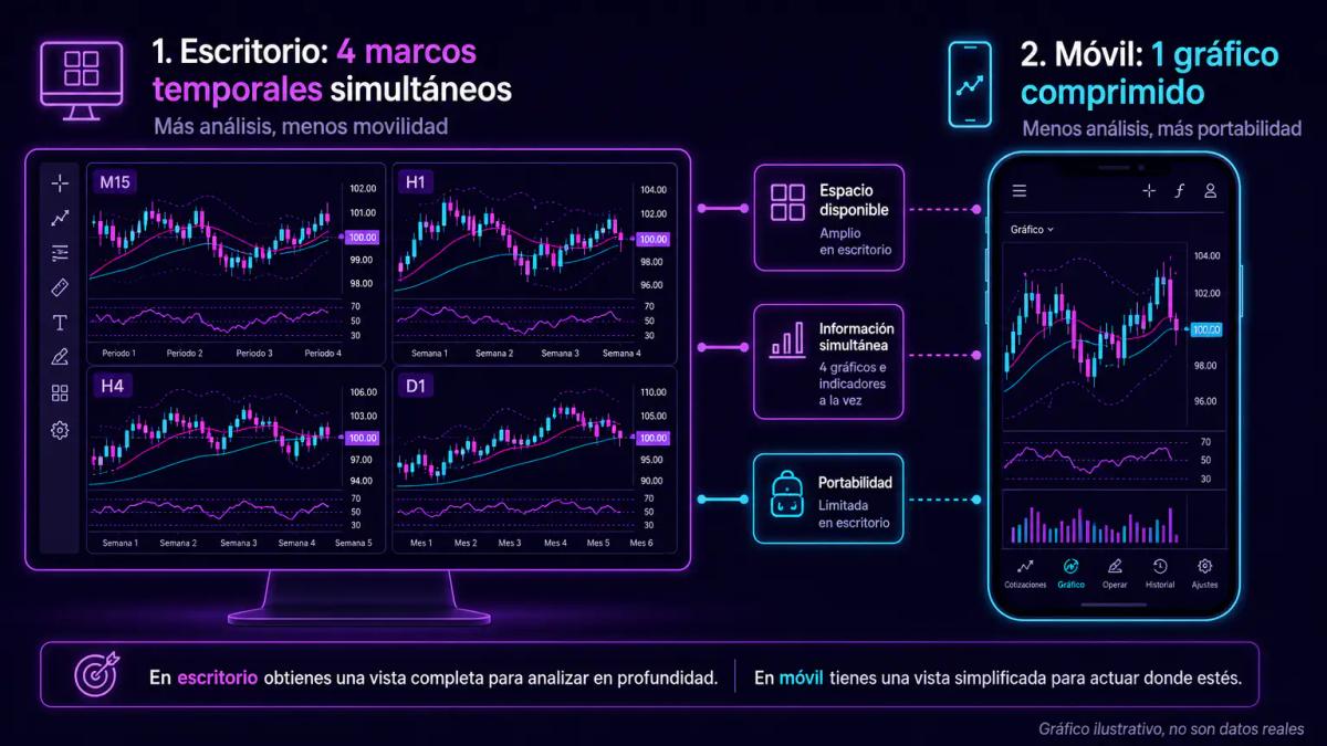 Comparación lado a lado: pantalla de computadora con múltiples gráficos versus pantalla de teléfono con un gráfico comprimido
