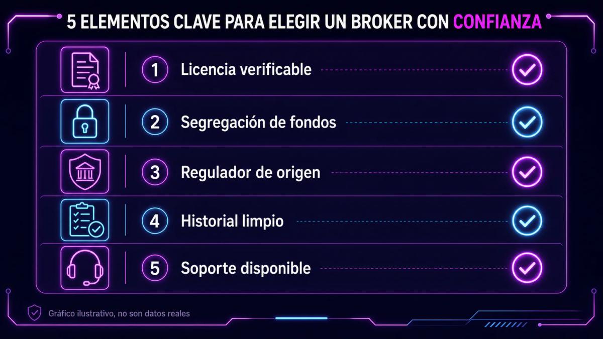 Checklist de criterios de selección de broker con cinco elementos verificables