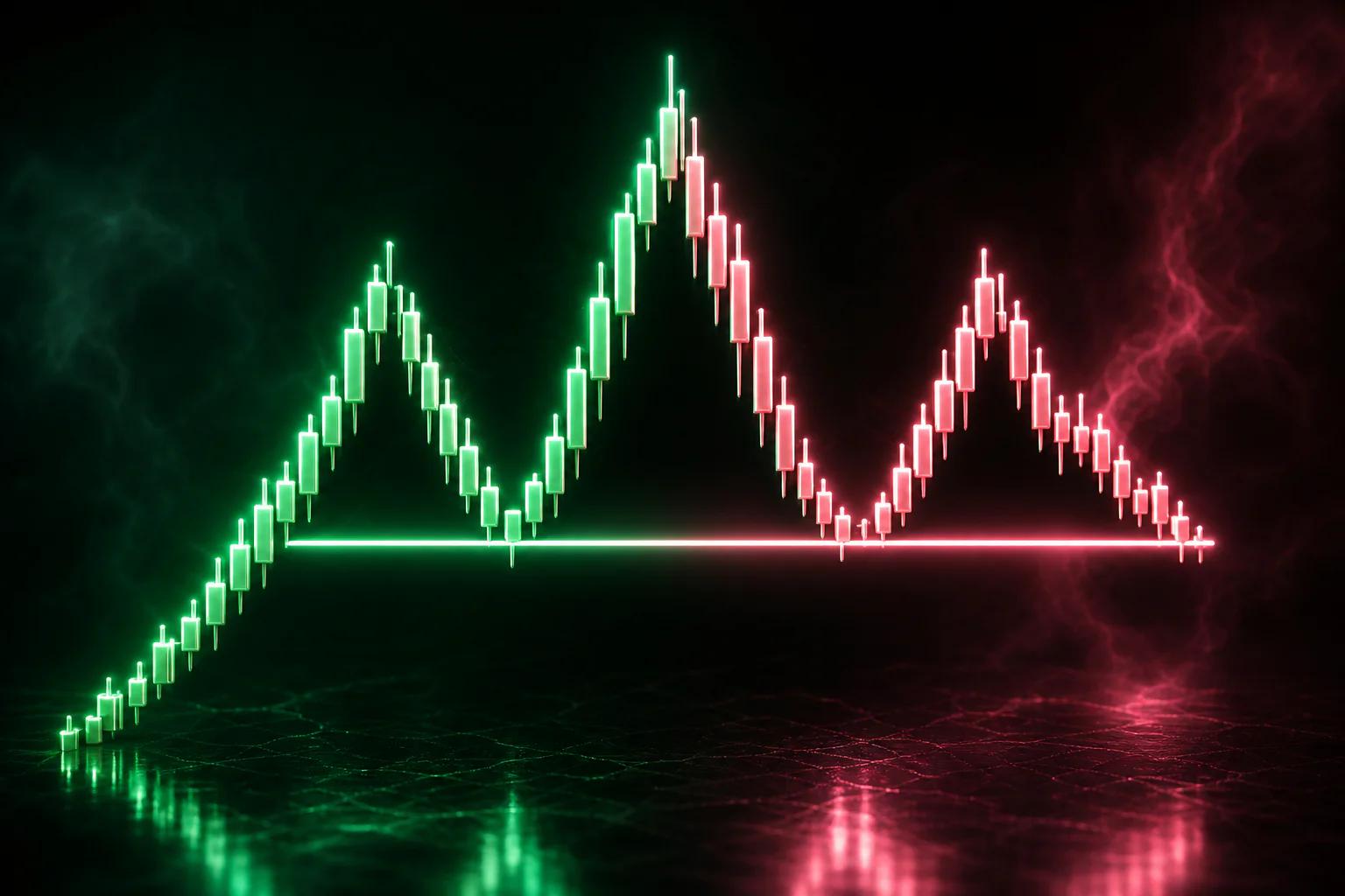 Tre picchi su un grafico di prezzo, il centrale più alto, con una linea di collo che attraversa i minimi sottostanti
