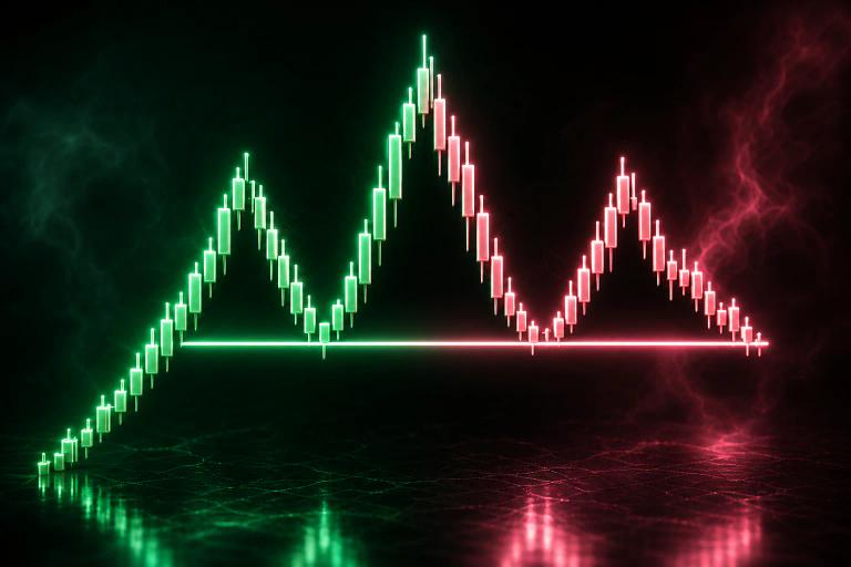 Tre picchi su un grafico di prezzo, il centrale più alto, con una linea di collo che attraversa i minimi sottostanti