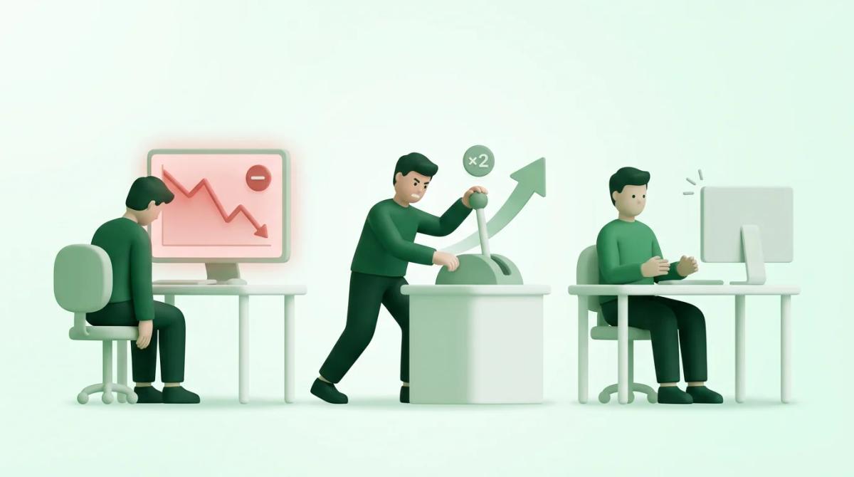 Sequenza di tre stati emotivi del trader: perdita consecutiva, tentazione di raddoppiare, paralisi dopo errore, con il burnou