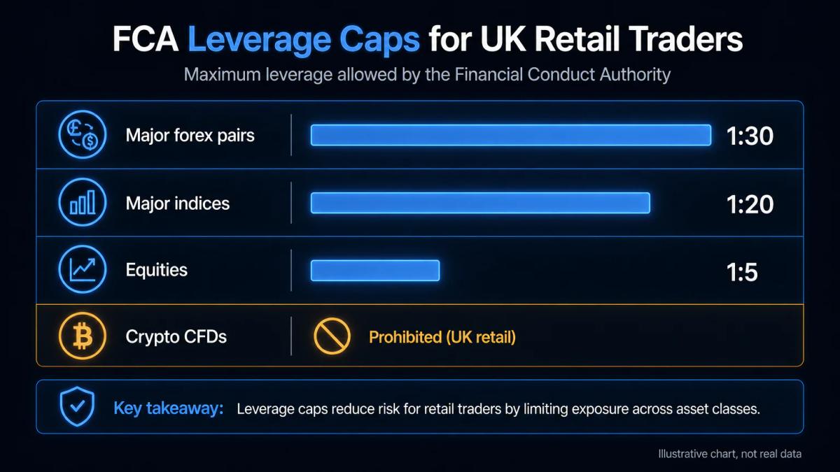 FCA leverage caps for major forex 1:30, indices 1:20, equities 1:5, crypto prohibited for UK retail