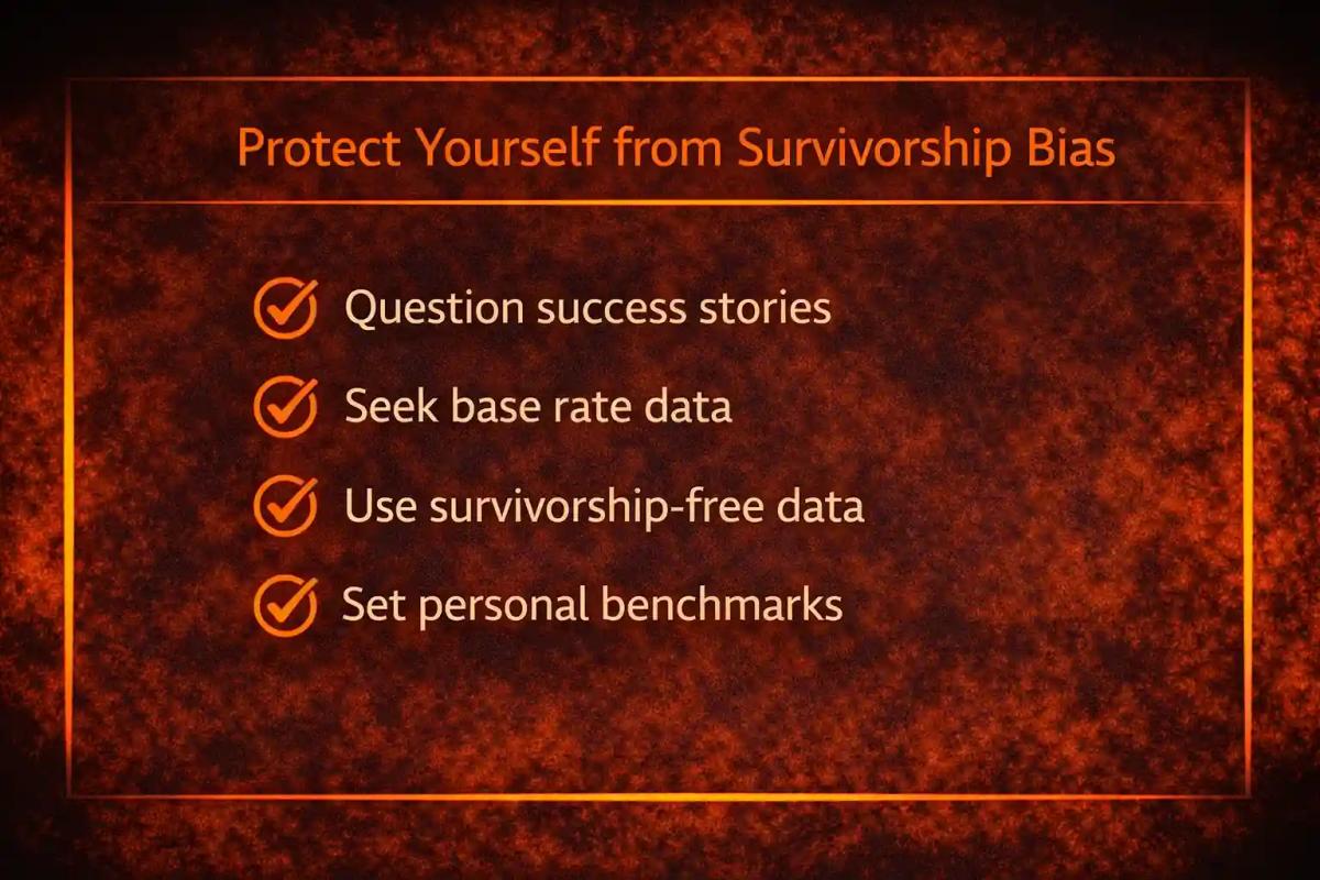 Checklist of four steps to protect yourself from survivorship bias in trading including questioning success stories and seeking base rate data