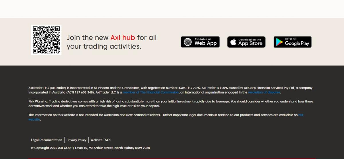 Axi legal footer confirming AxiTrader LLC registration number 4303 LLC 2025