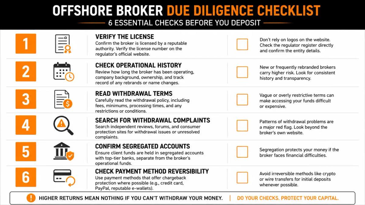 Visual due diligence checklist showing six steps to take before depositing with an offshore forex broker