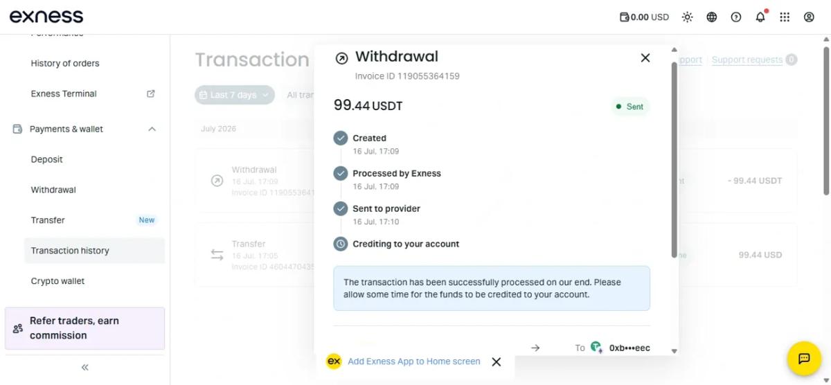 Exness withdrawal confirmation showing 99.44 USDT sent with no commission