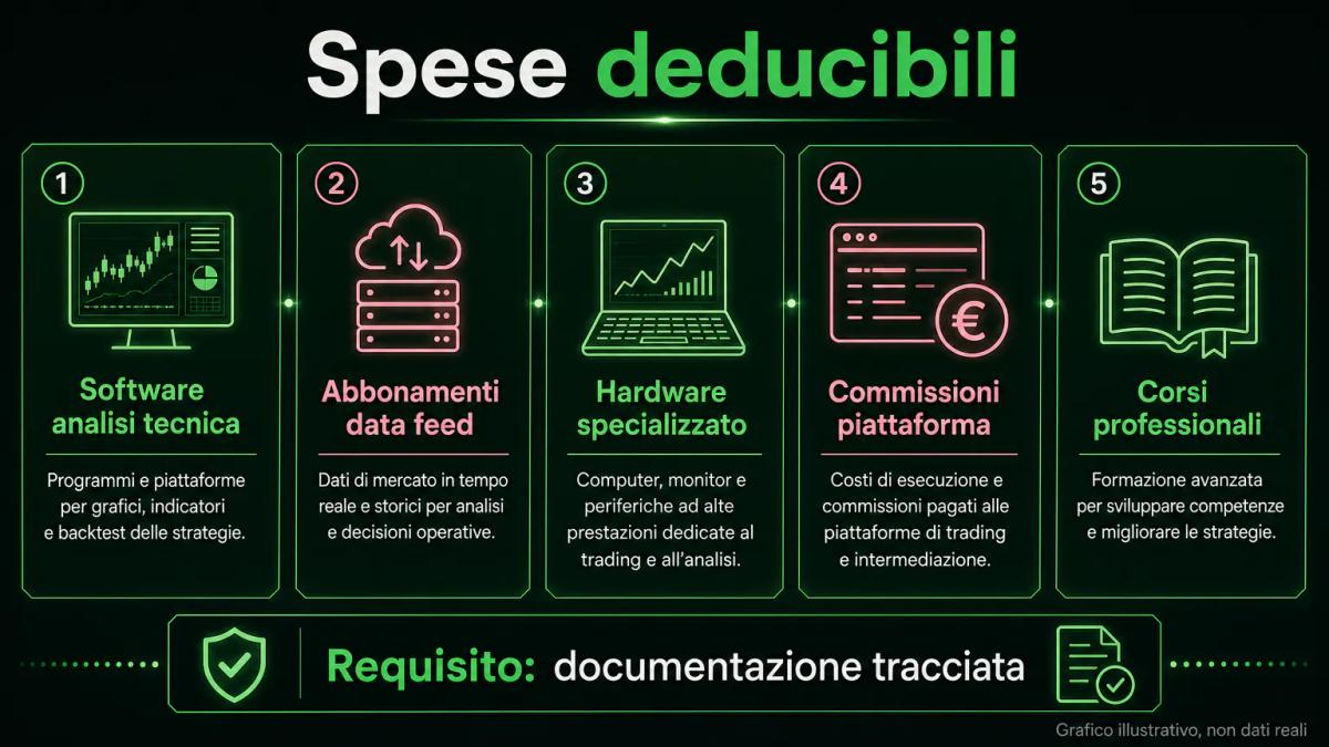 Tabella annotata che elenca le spese deducibili nel prop trading: software, hardware, commissioni, corsi di formazione