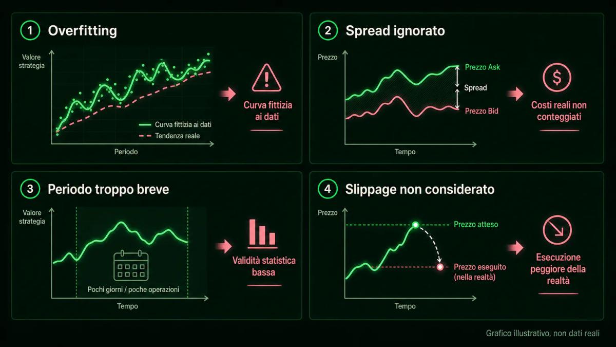 Infografica con quattro errori comuni del backtesting: overfitting, spread ignorato, periodo troppo breve, slippage non consi