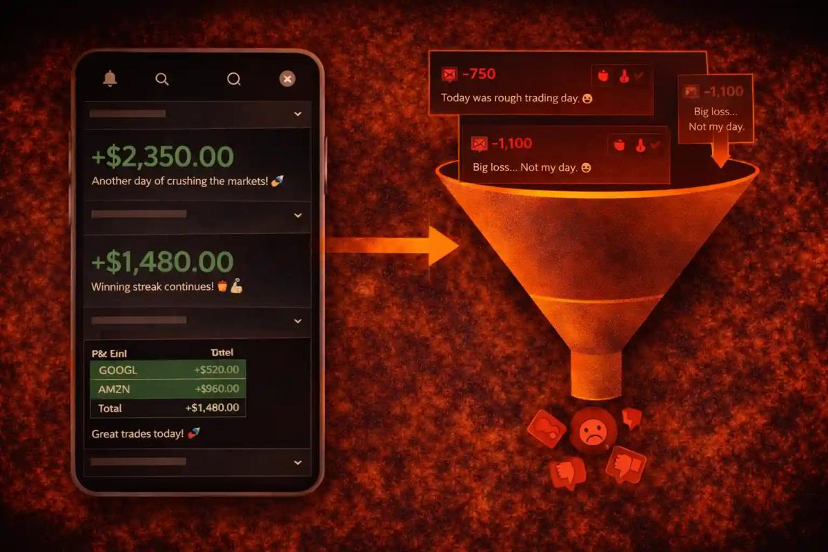 Social media feed mockup showing only trading profits and green P&L posts while a filter graphic removes all loss and red posts from view