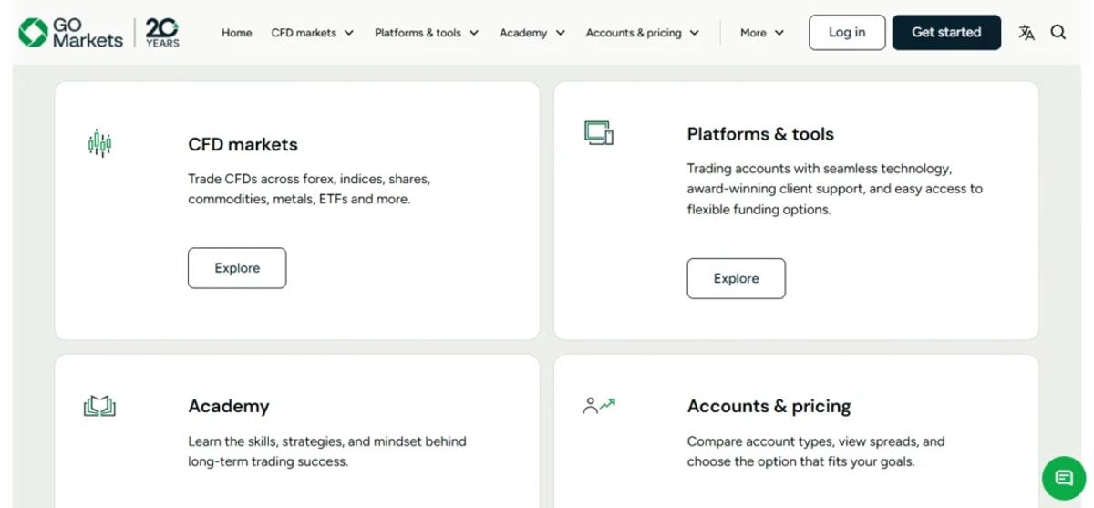 GO Markets homepage displaying trading platform options and account type selection