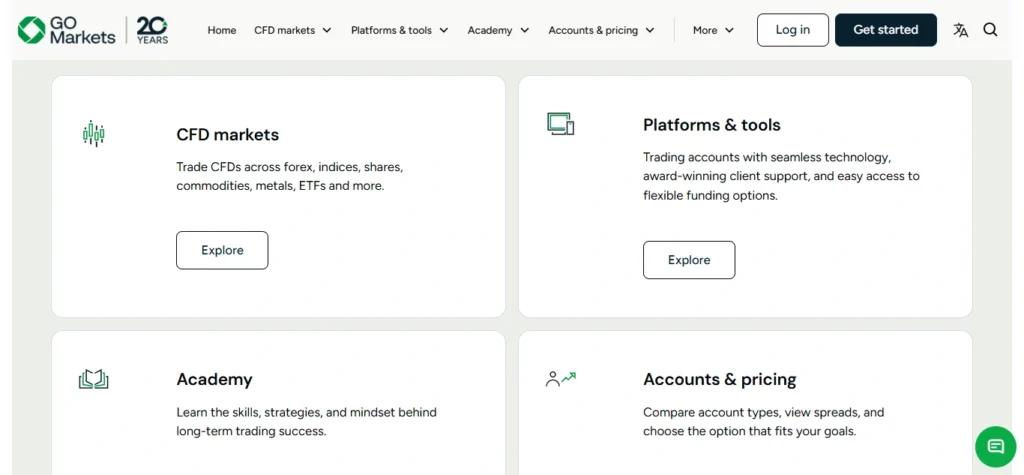 GO Markets homepage displaying trading platform options and account type selection