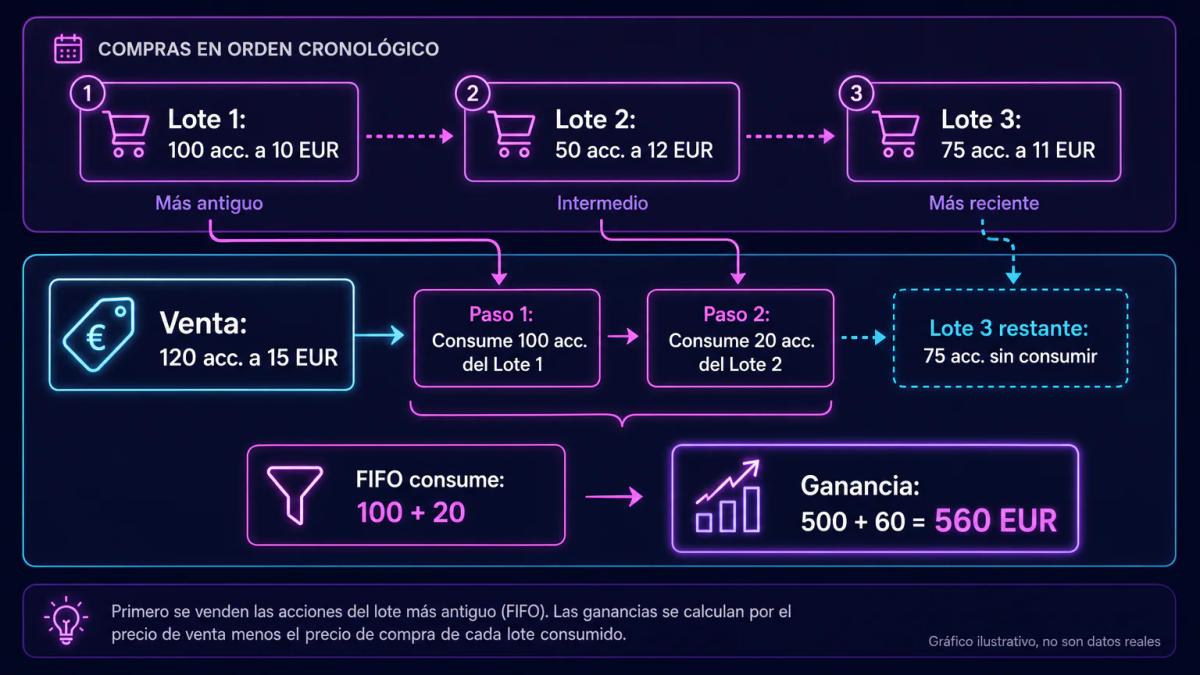 Tabla de tres lotes de acciones con fechas, cantidades, precios de compra y cálculo de ganancia al vender 120 acciones