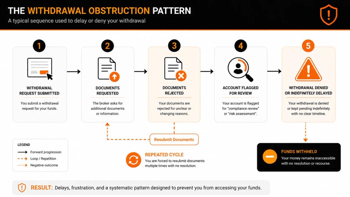 Flowchart showing a typical forex broker withdrawal obstruction sequence from initial request through repeated rejections to a blocked outcome