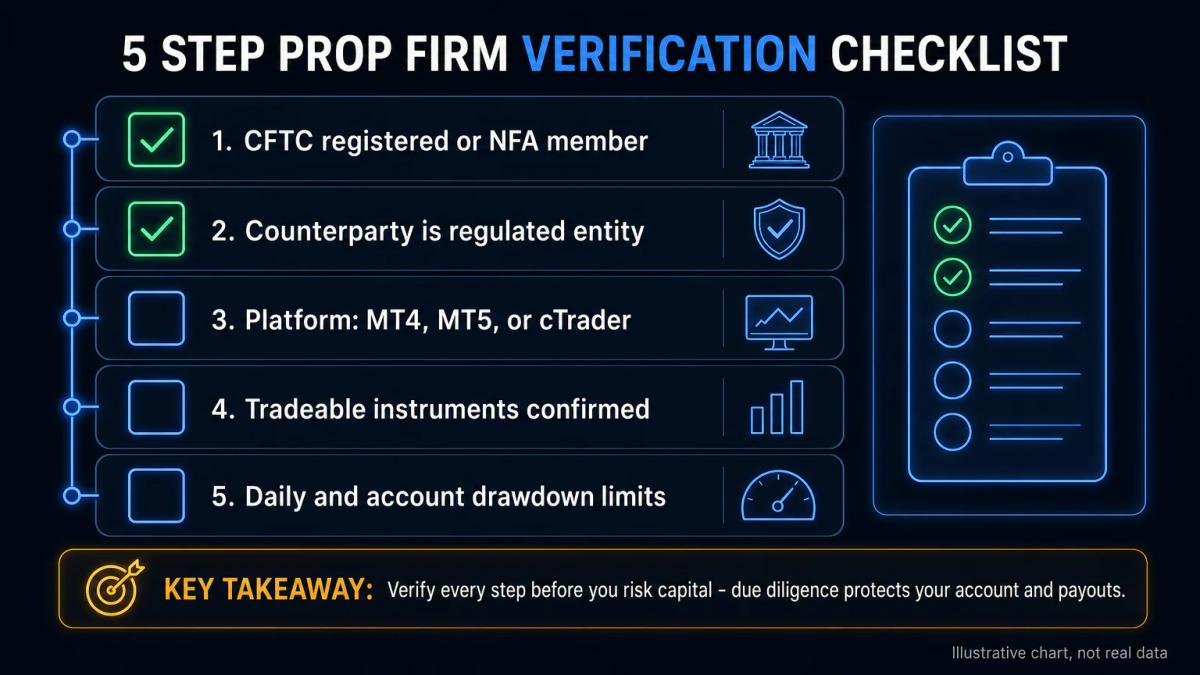 Checklist showing CFTC registration, NFA membership, platform type, instruments, and drawdown rules for prop firm evaluation