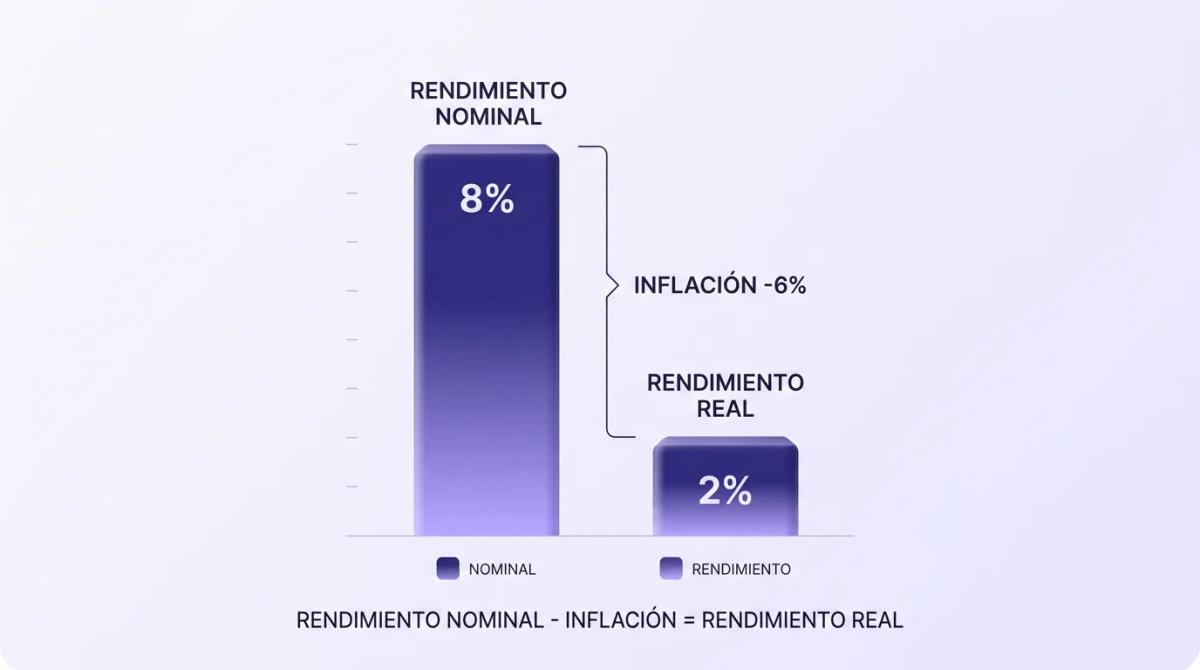 Gráfica de barras mostrando rentabilidad nominal versus rentabilidad real después de inflación