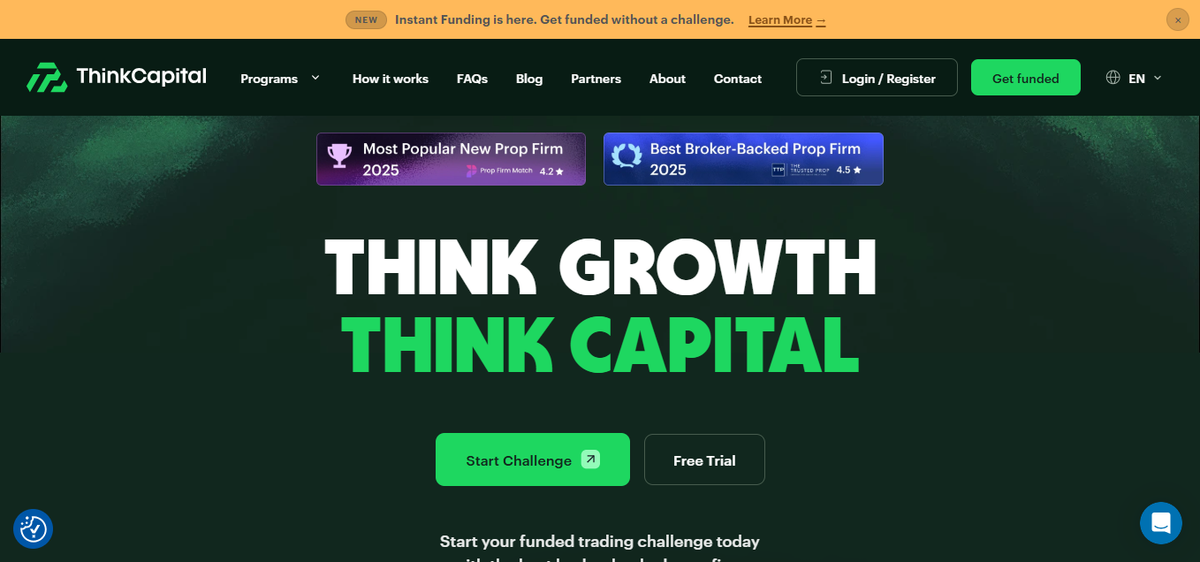 ThinkCapital homepage hero with overview of evaluation program and Get Funded button