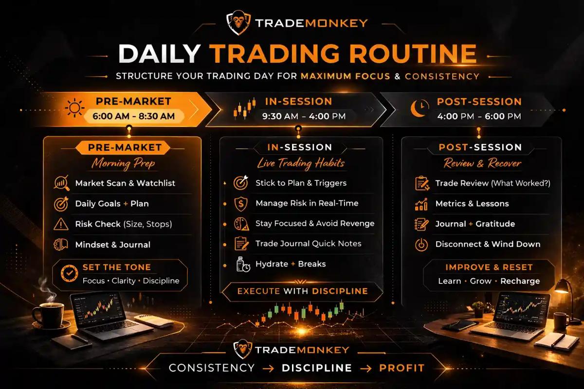 Daily trading timeline divided into pre-market in-session and post-session habit blocks