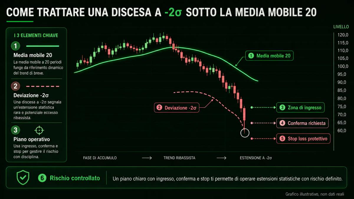 Illustrazione di un setup di mean reversion con livelli di ingresso, stop loss e conferma di segnale annotati