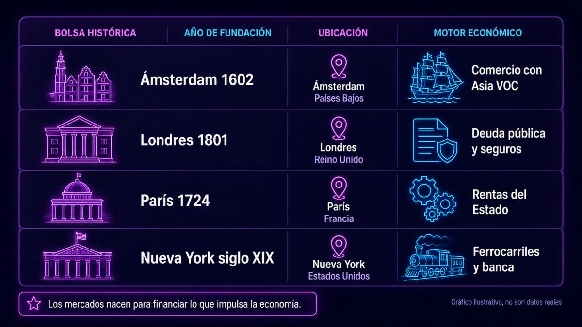 Tabla histórica de bolsas europeas y americanas con año de fundación y motor económico inicial
