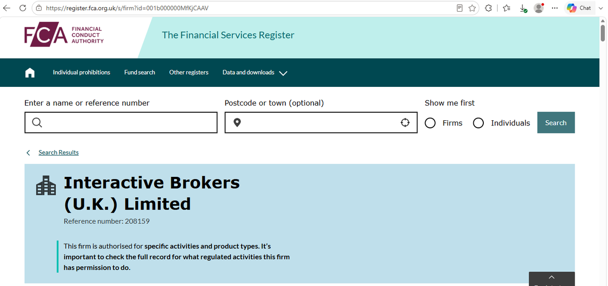 FCA register page showing Interactive Brokers U.K. Limited, FRN 208159