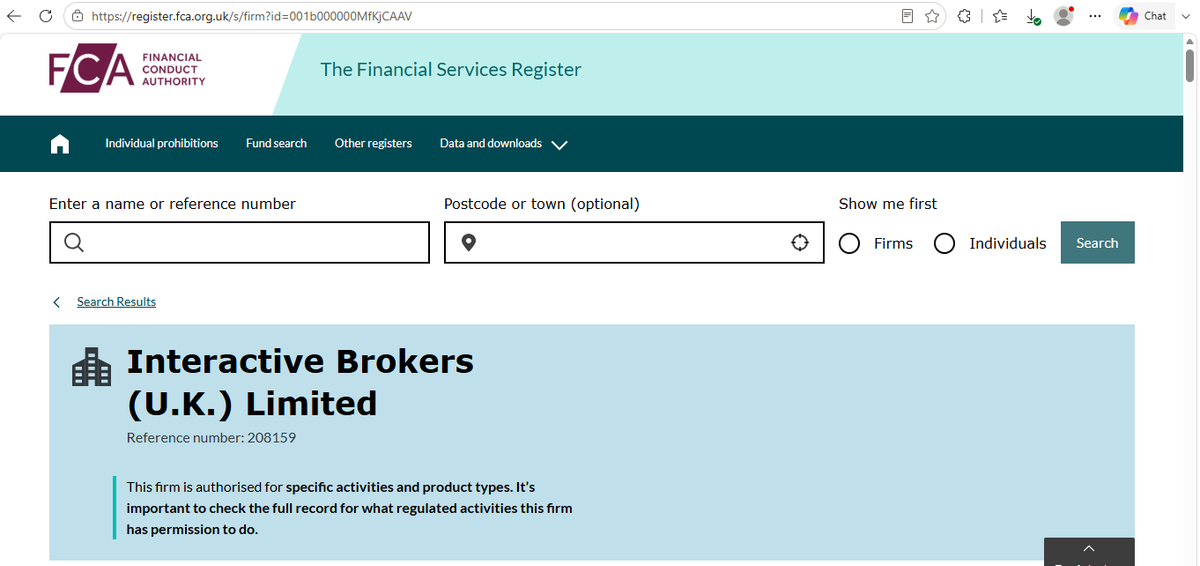 FCA register page showing Interactive Brokers U.K. Limited, FRN 208159