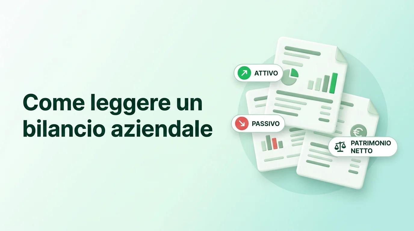 Tre documenti finanziari sovrapposti con evidenziati attivo, passivo e patrimonio netto