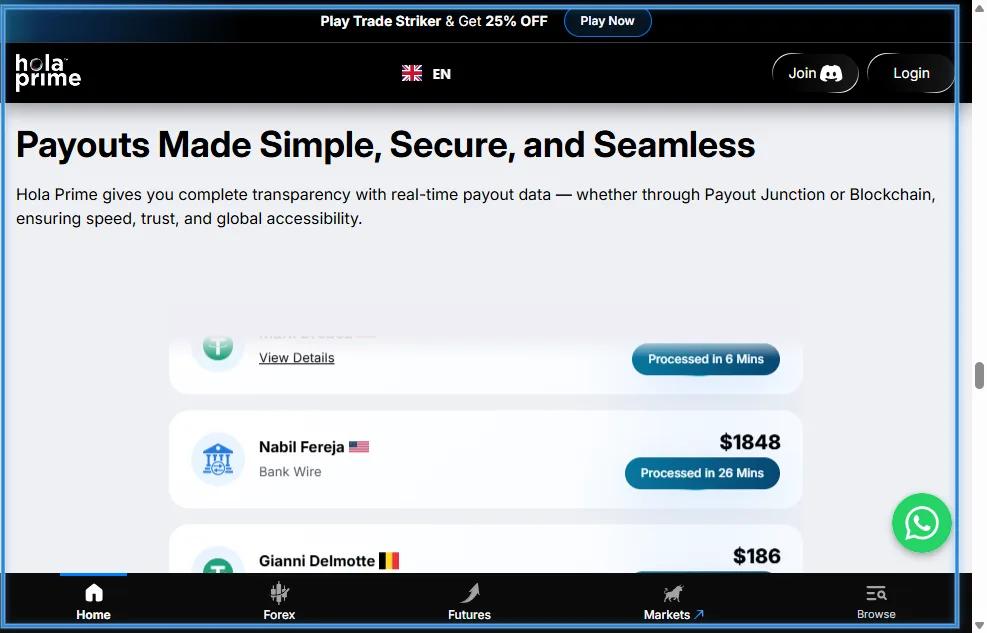 Hola Prime payout dashboard or Deloitte review confirmation showing 1-hour payout verification