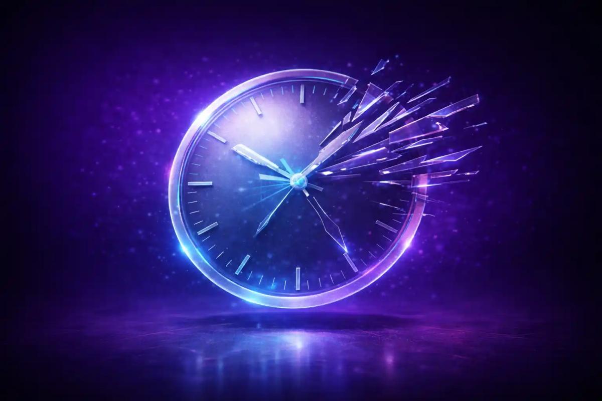 Reloj analógico 3D con manecillas distorsionadas sobre fondo púrpura a azul marino
