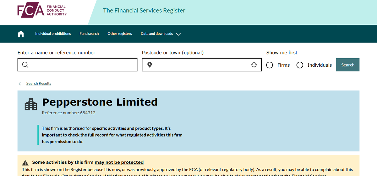 FCA register page showing Pepperstone Limited with licence FRN 684312