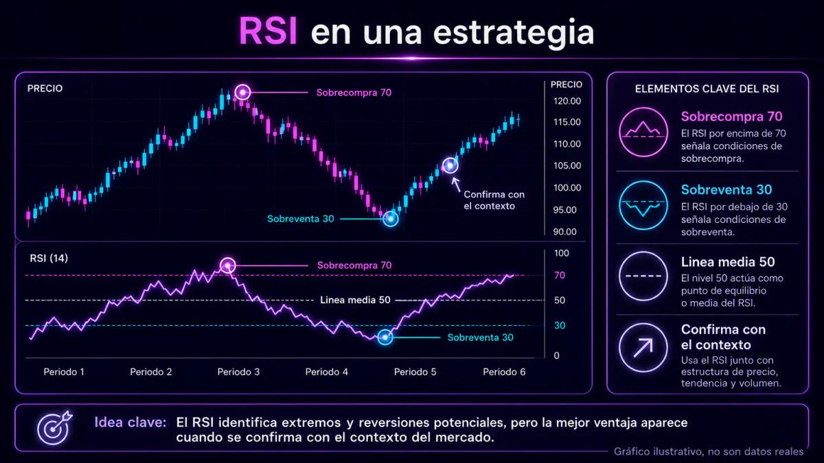 Grafico ilustrativo del RSI de 14 periodos usado en una estrategia, con las zonas de sobrecompra y sobreventa