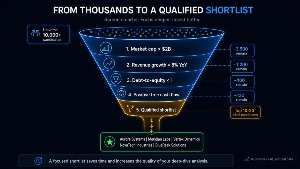 Funnel diagram filtering thousands of stocks down to a manageable shortlist using screening criteria