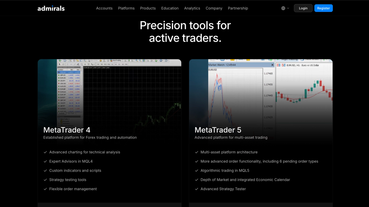Sezione Piattaforme di Admirals con MT4, MT5, WebTrader e app mobile