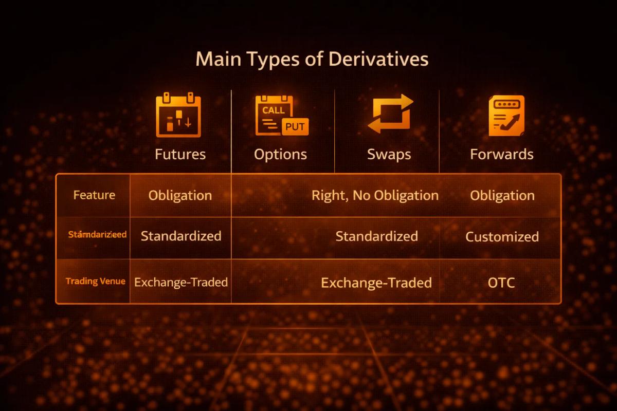 Comparison chart showing the four main derivative types futures, options, swaps, and forwards