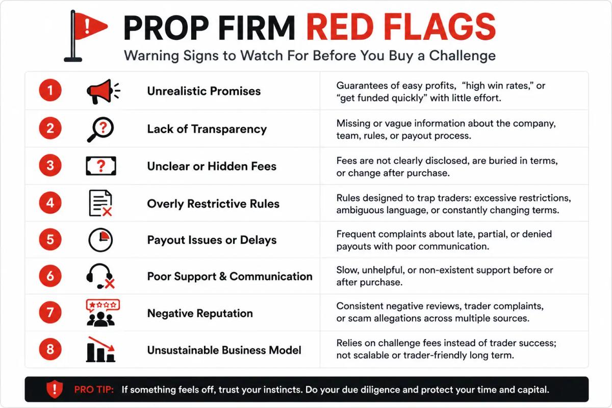 Prop firm red flag checklist showing structural and behavioral warning signs traders should identify before buying a challenge