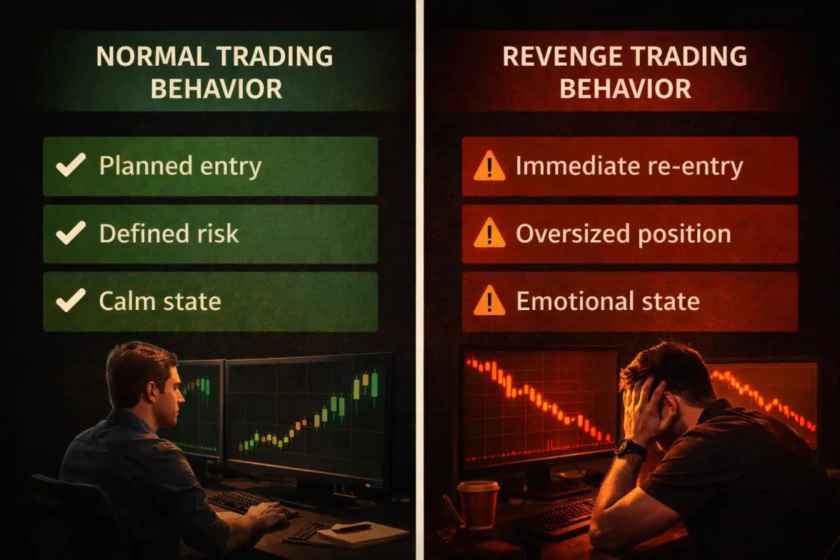 Side-by-side comparison of normal disciplined trading behavior versus revenge trading behavior with contrasting green and red indicators