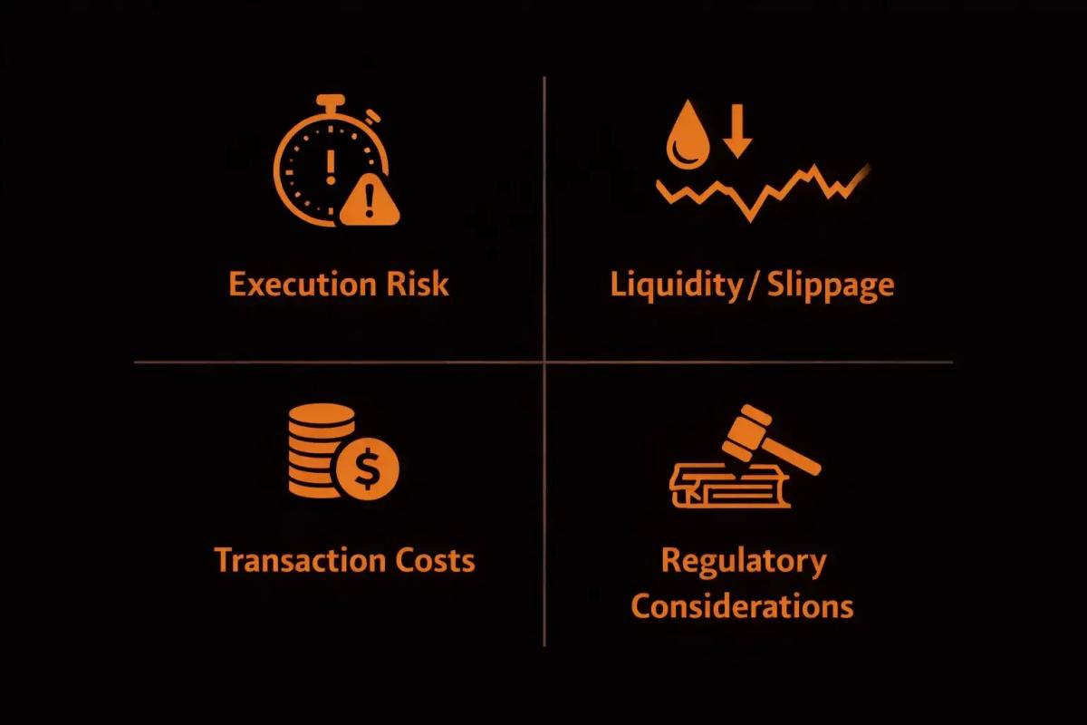 Infographic showing four key arbitrage trading risks_ execution risk liquidity and slippage transaction costs and regulatory considerations