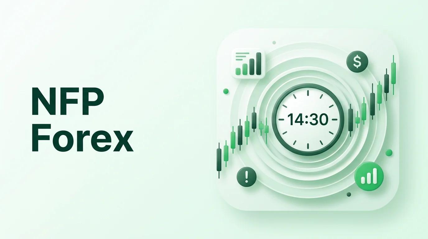 Orologio che segna le 14:30 con onde di volatilità che esplodono dal quadrante verso grafici di valute