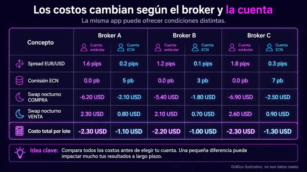 Tabla comparativa de spreads y comisiones entre tres brokers en una app móvil