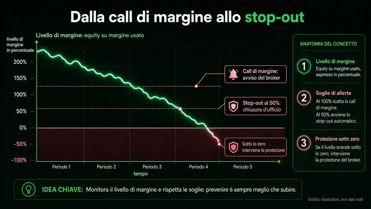 Le soglie che un conto in leva attraversa quando il mercato va contro: call di margine, stop-out al 50% e protezione del saldo negativo