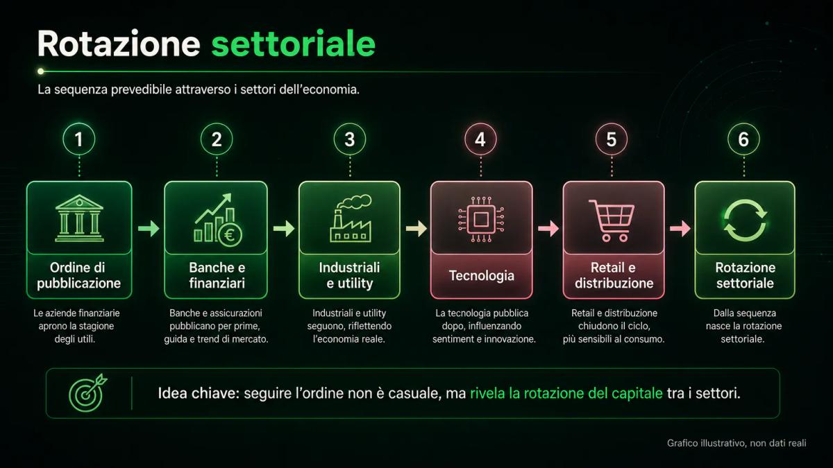 Timeline visuale che mostra l'ordine di pubblicazione dei settori durante l'earnings season