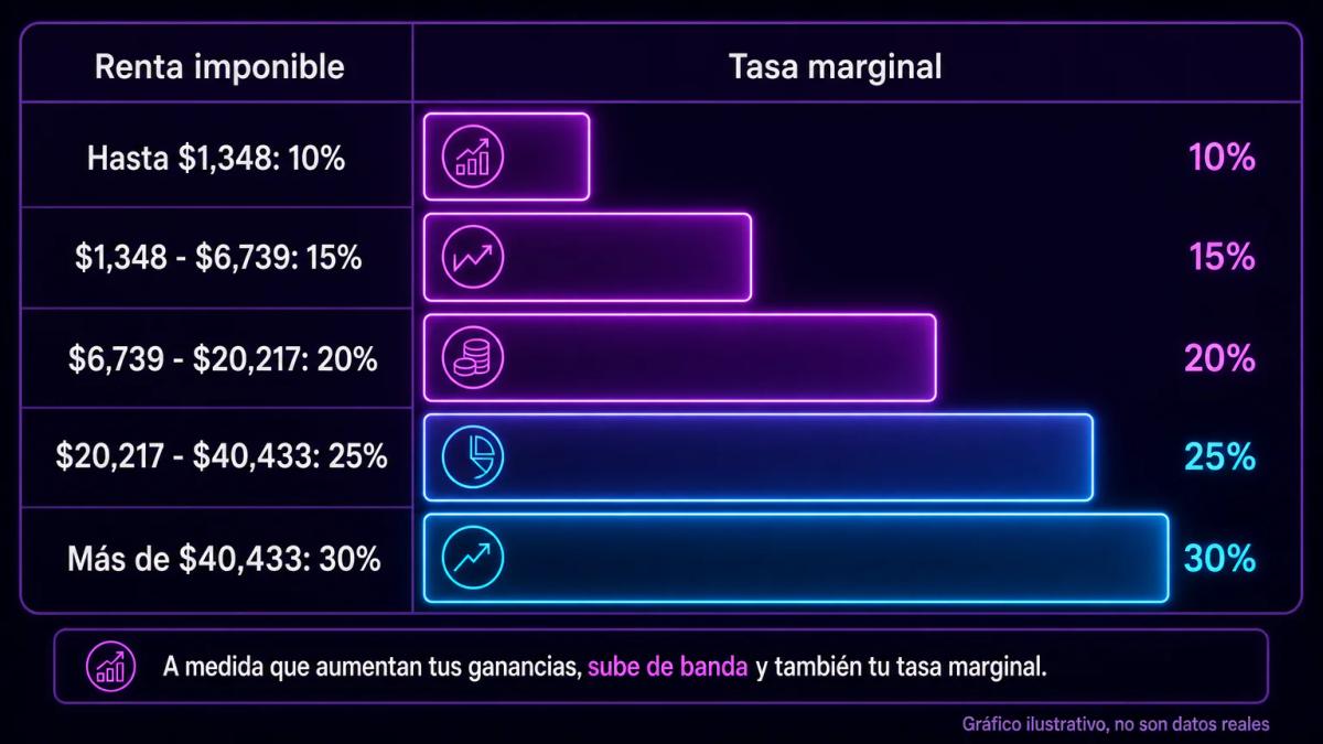Escala de tasas impositivas progresivas del 10% al 30% con bandas de renta imponible en dólares