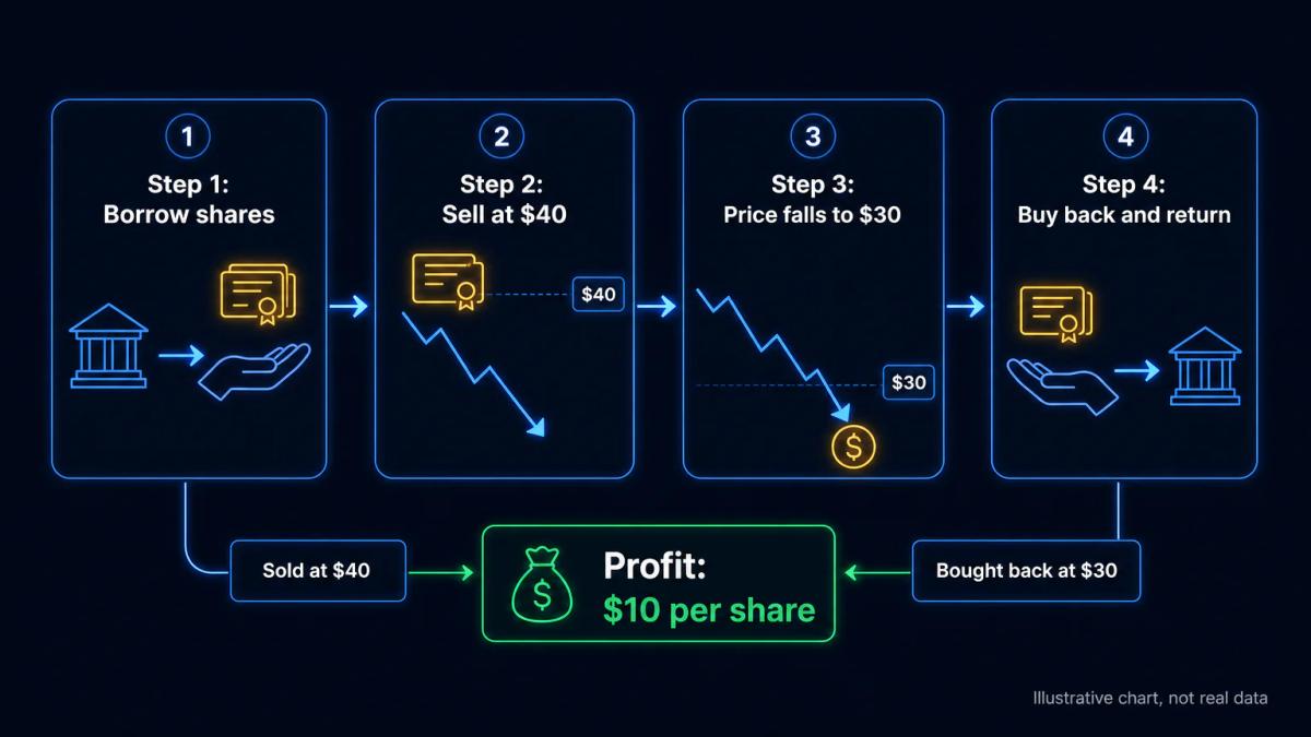 Four-step sequence showing the short selling process: borrow, sell, price falls, buy back and return