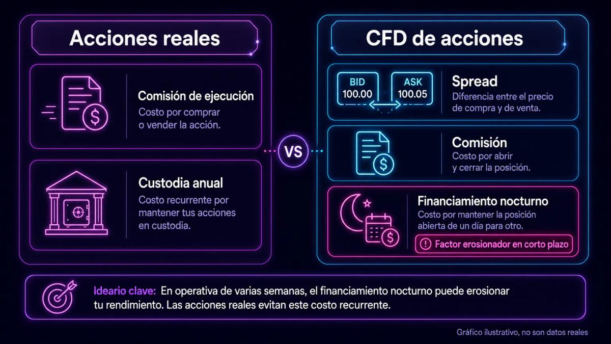 Tabla comparativa de costos entre acciones reales y CFD de acciones con columnas de comisión, custodia y financiamiento