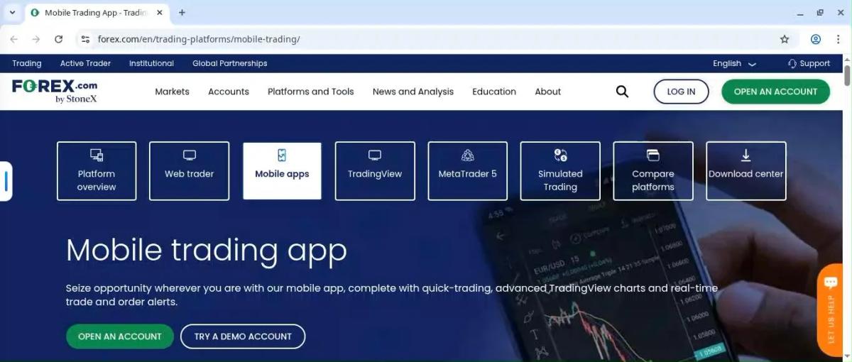 Aplicación móvil de Forex.com para iOS con gráficos y panel de operaciones