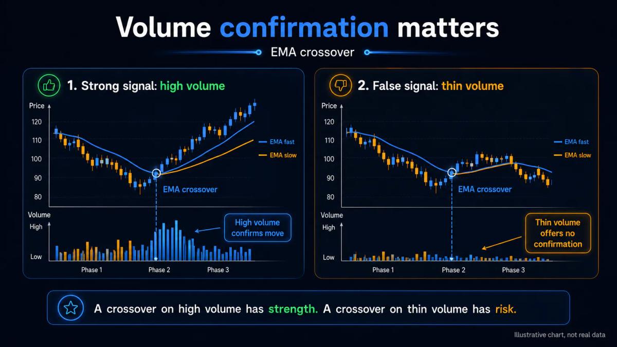 Volume confirmation filter for EMA crossovers showing high volume at bullish cross versus low volume at false signal