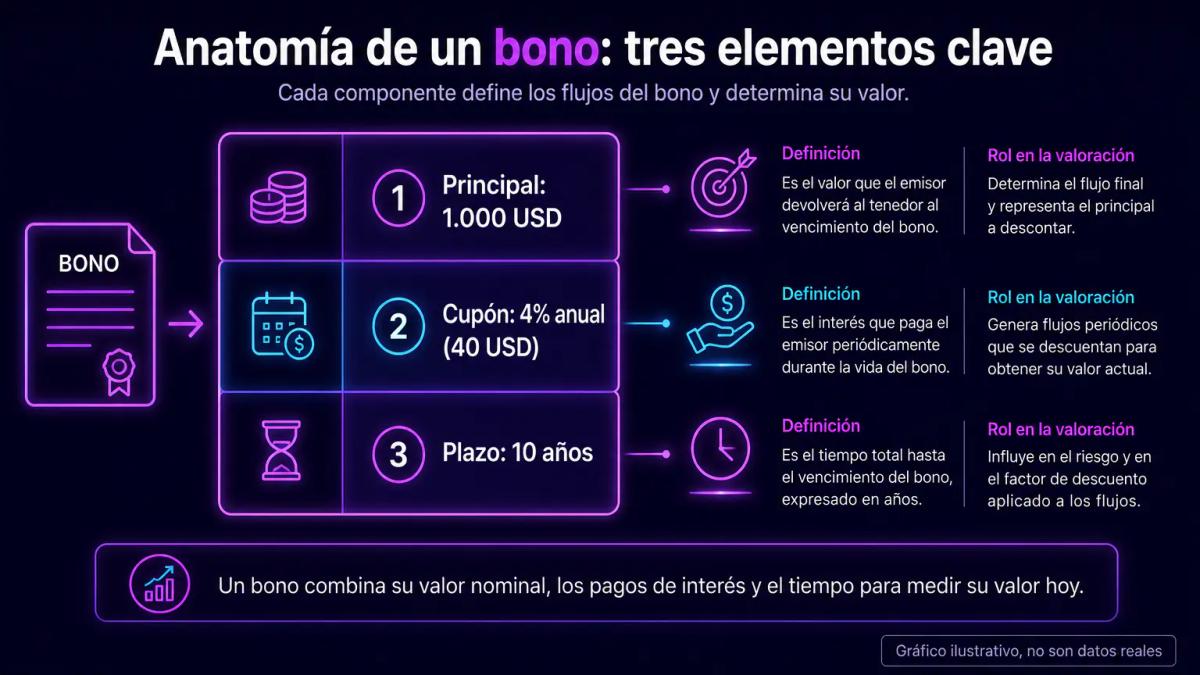 Estructura de un bono con tres componentes: principal, cupón y plazo identificados y anotados