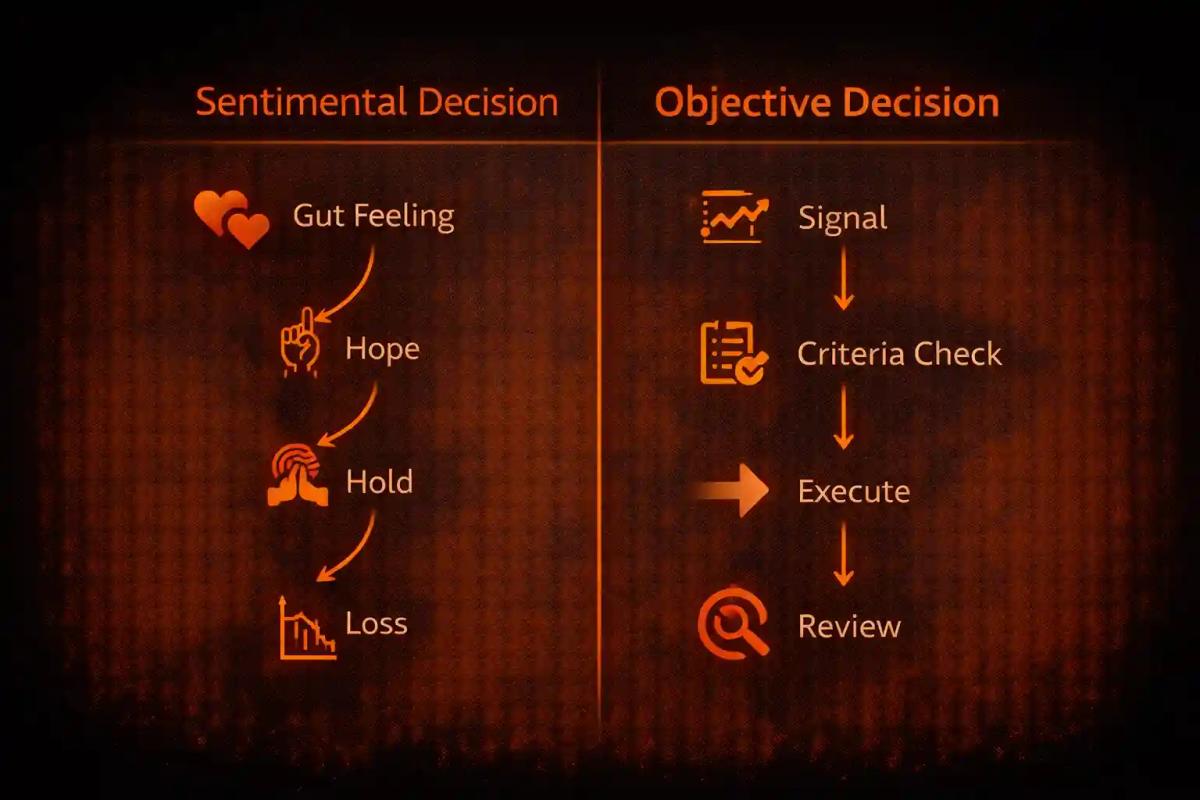 Side-by-side comparison of sentimental versus objective trading decision-making processes