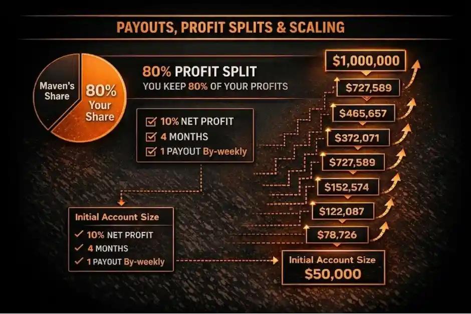 Maven Trading profit split and scaling plan diagram showing path to 1,000,000