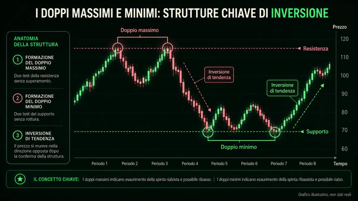 Grafico editoriale con doppio massimo e doppio minimo, livelli di resistenza e supporto annotati